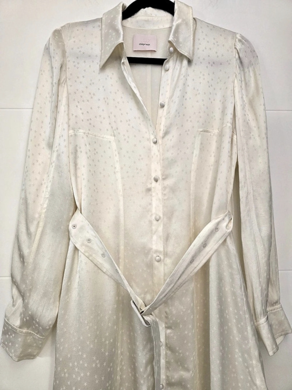 Cinq à Sept Ivory Satin Star Jacquard Belted Shirt Dress Like New